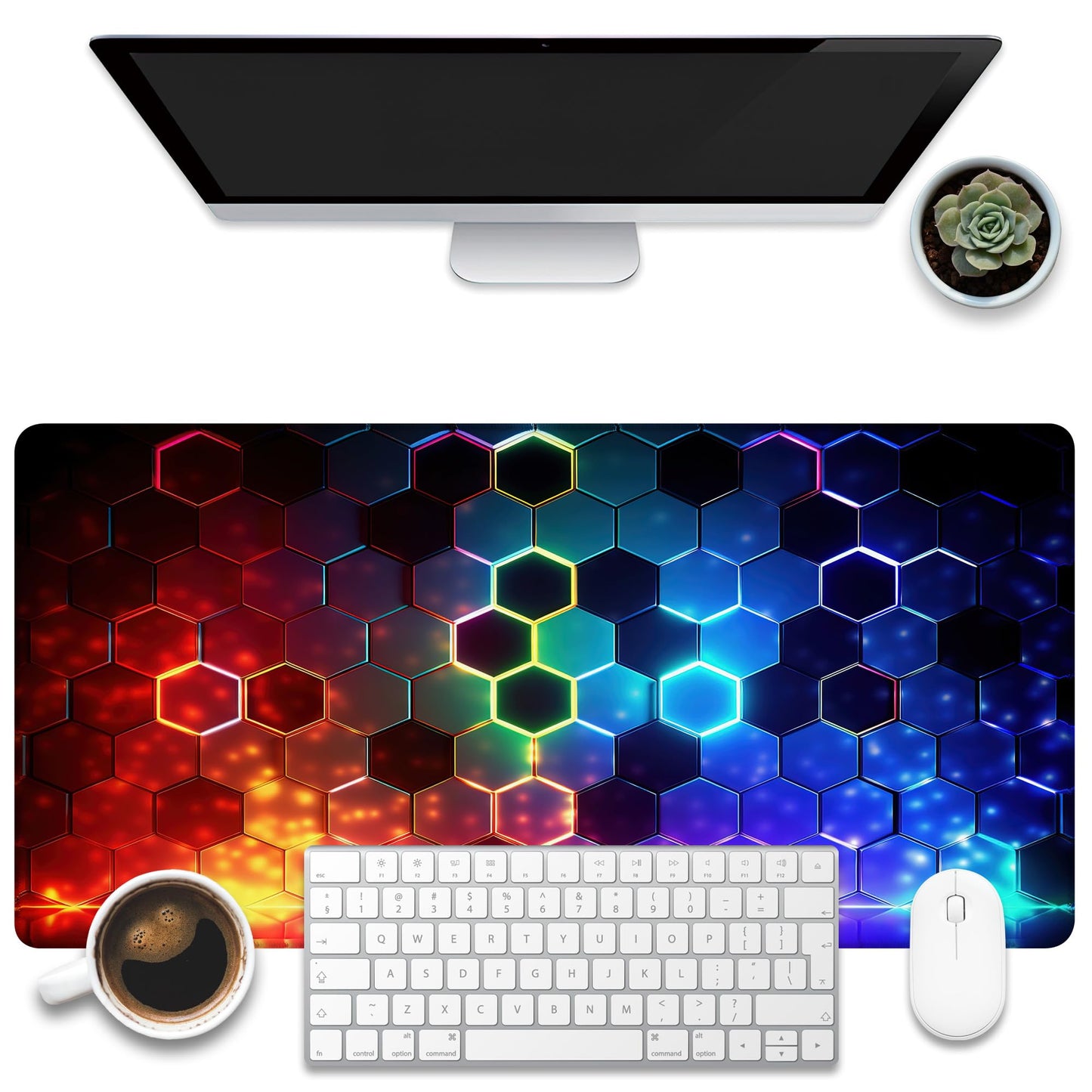 KOAIWPAE Desk Mat, Colorful Honeycomb Technology Desk Pad,Hexagonal Honeycomb Large Gaming Mouse Pad for Desk,31.5"x15.7" Extended Big Computer Keyboard Mouse Pad with Non-Slip Base and Stitched Edge