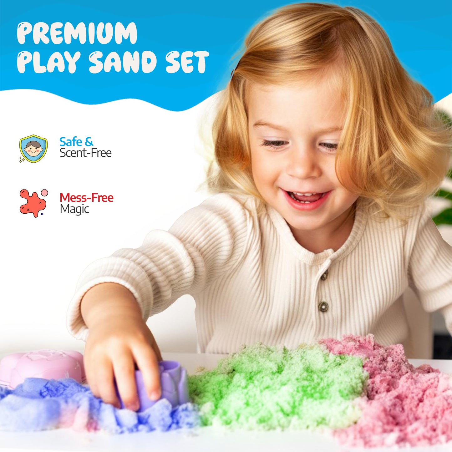 Sleepah Play Sand Sensory Sand Set for Boys & Girls Age 3 4 5 6 7 8 No Mess Never Dries Out Toy Perfect for Shaping Squeezing Scooping Rolling Molding – 31p Set 5 Colors Large Arts & Crafts Set Gift
