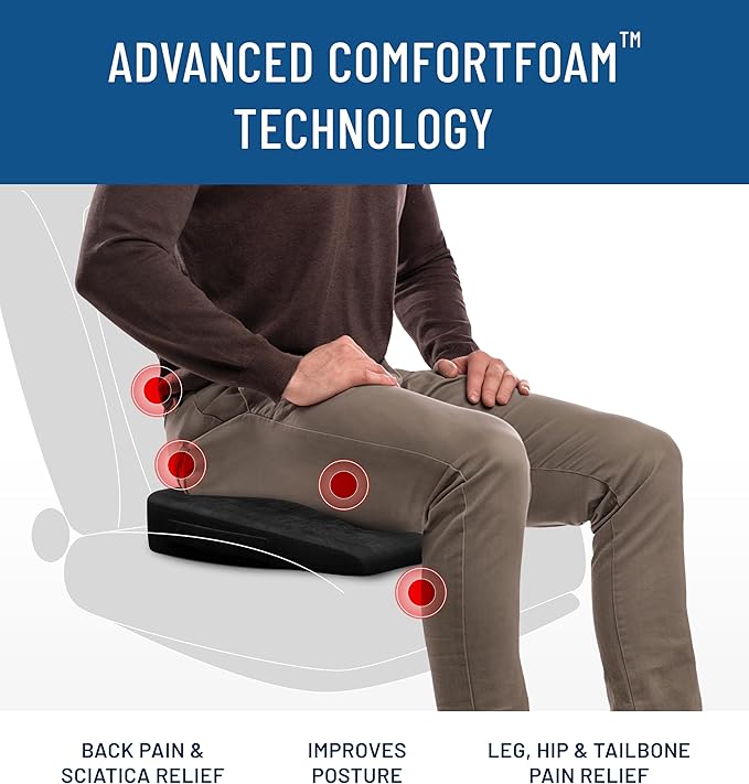 Everlasting Comfort Doctor Recommended Memory Foam Seat Cushion for Office Chairs & Car Seat - Ergonomic Office Desk Accessories for Tailbone Pain Relief, Sciatica & Back Support