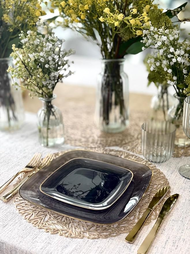 " OCCASIONS " 120 Pieces Pack,(60 Guests) Premium Wedding Party Disposable Plastic Plates Set -60 x 10'' Dinner + 60 x 7'' Salad/Dessert (Belize Square in Smoke Gray & Gold)