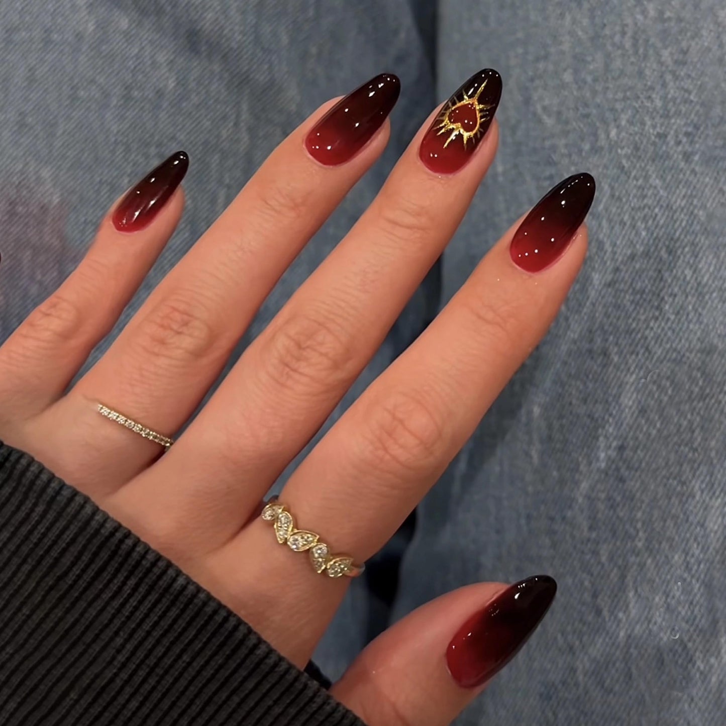 MERVF 24Pcs Medium Almond Press on Black Red Ombre French Tip Fake Nails with Gold Heart, Solid Color Design Glue ons Acrylic Glossy Finish Manicure