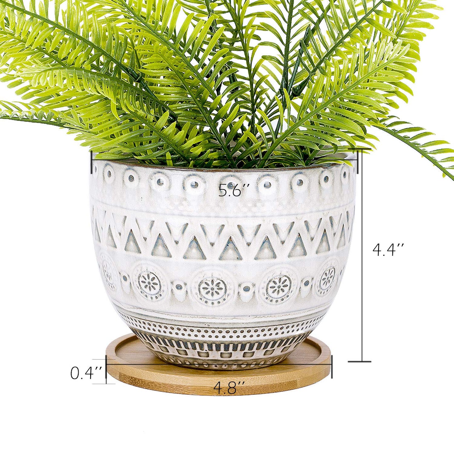VanEnjoy 5.6 inch Large Round Bohemian Style Ceramic Planter, Geometry Engrave Off White Brown Succulent Planter Flower Pot, Indoor Outdoor Decorative Planter