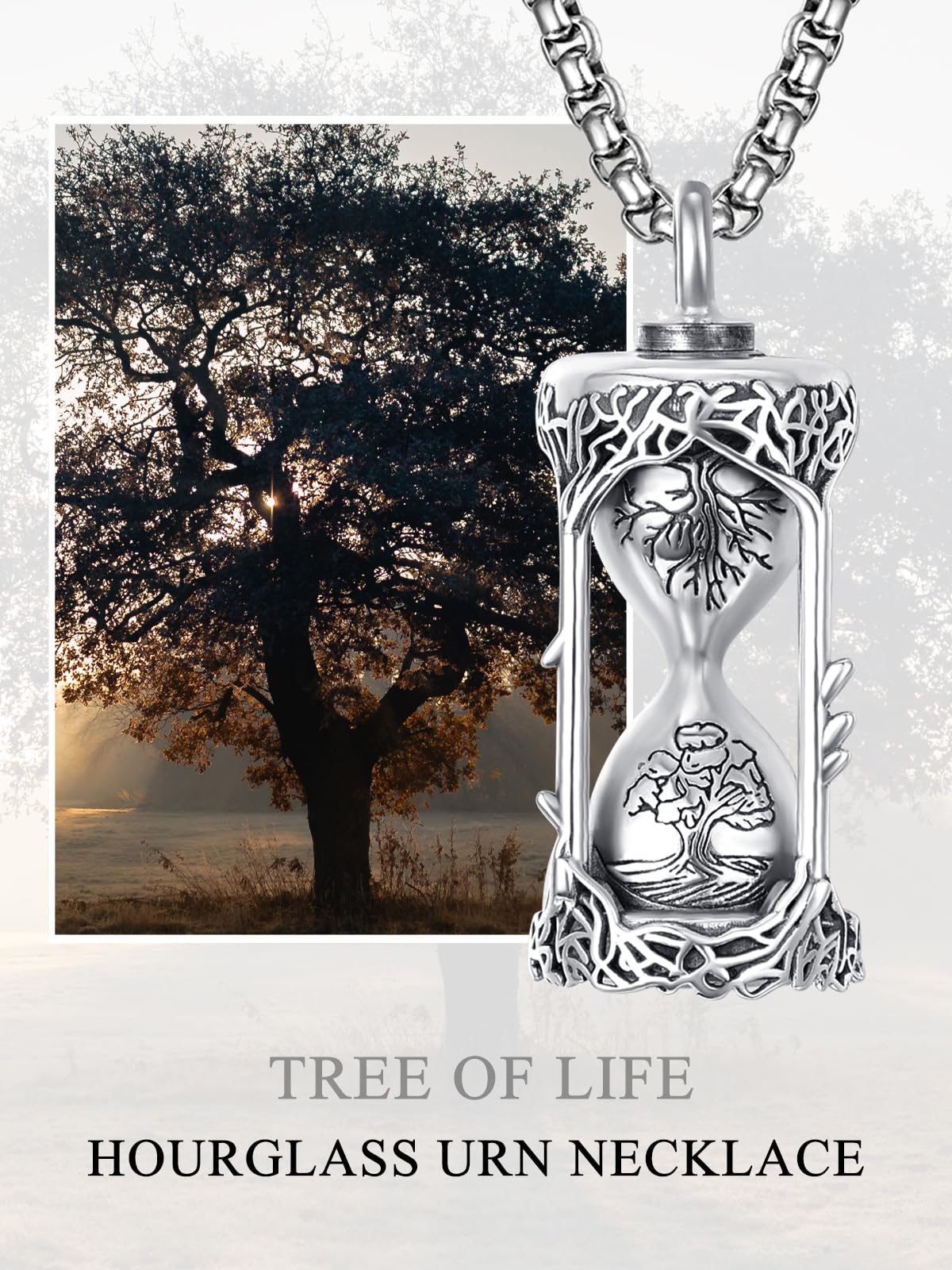 ADMETUS Tree of Life Hourglass Urn Necklaces for Ashes Silver Cremation Jewelry for Ashes for Men Ash Keepsake Pendant Memorial Gifts