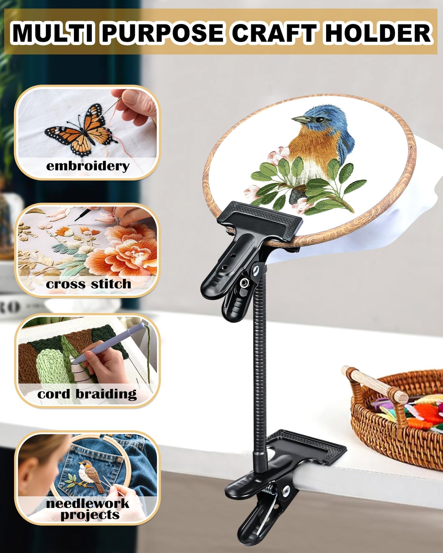 PLOZANO Adjustable Embroidery Hoop Stand Holder, Heavy Duty Portable 360°Cross Stitch Table Holder for DIY Embroidery Needlework Art Craft Sewing Handicrafts(10inch)