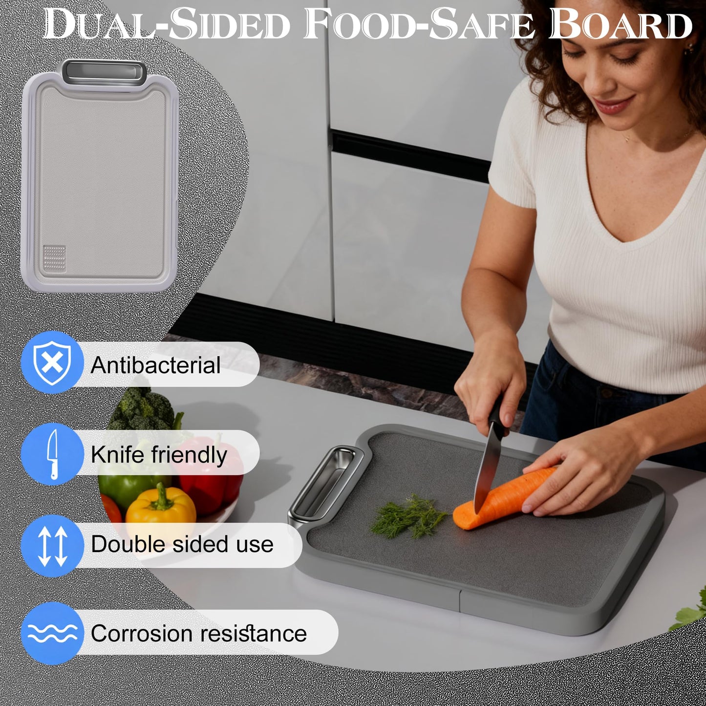 Titanium Cutting Board, 2-in-1 Double Sided Cutting Boards for Kitchen, Pure Titanium & Wheat Straw PP, Metal Chopping Board Easy to Clean for RV/Camping/Kitchen with Avocado Slicer 16"x11"