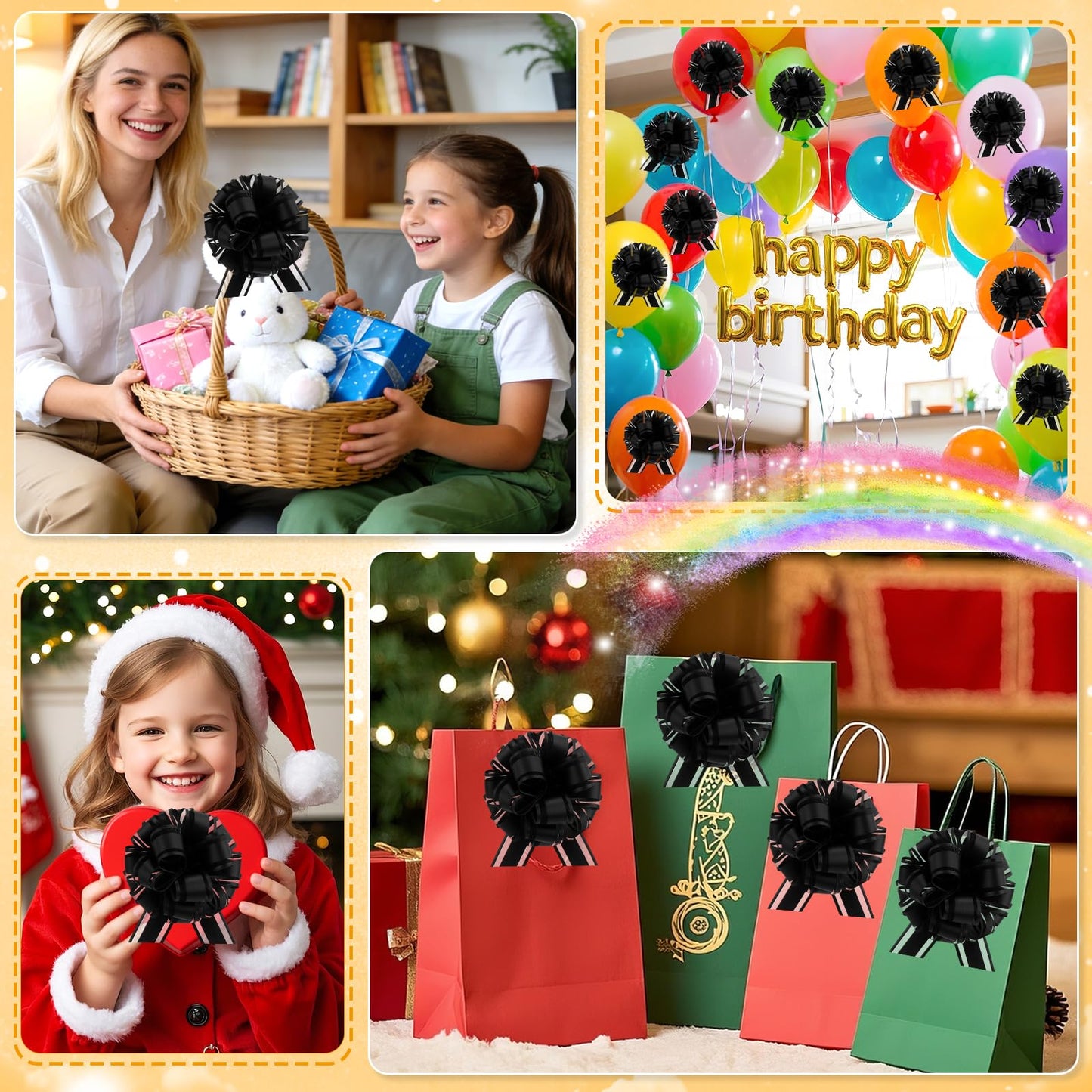 OULOVECO 24pcs Black Pull Bow for Gift Wrapping Basket Xmas Matte Gift Bows Presents Wrap Ribbon Bow for Christmas tree ornament Wine Bottles Bouquet Flower Valentine's Day Party Decor(Black-CC)