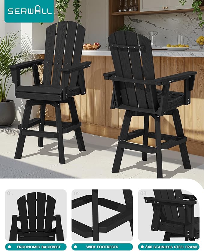 SERWALL Swivel Adirondack Bar Chairs Set of 2, HDPE Outdoor Swivel Barstools Chairs Set of 2 for Bistro, Poolside, Garden, Black