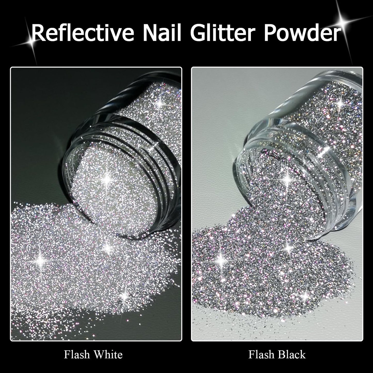 Furtherpretty Reflective Glitter Powder for Nails, 2PCS Black & White Flash Reflective Nail Sugar Set, Sparkle Diamond Glitter Powder Dust for Party Nail Art, DIY Manicure Salon Accessories (#3 Flash)
