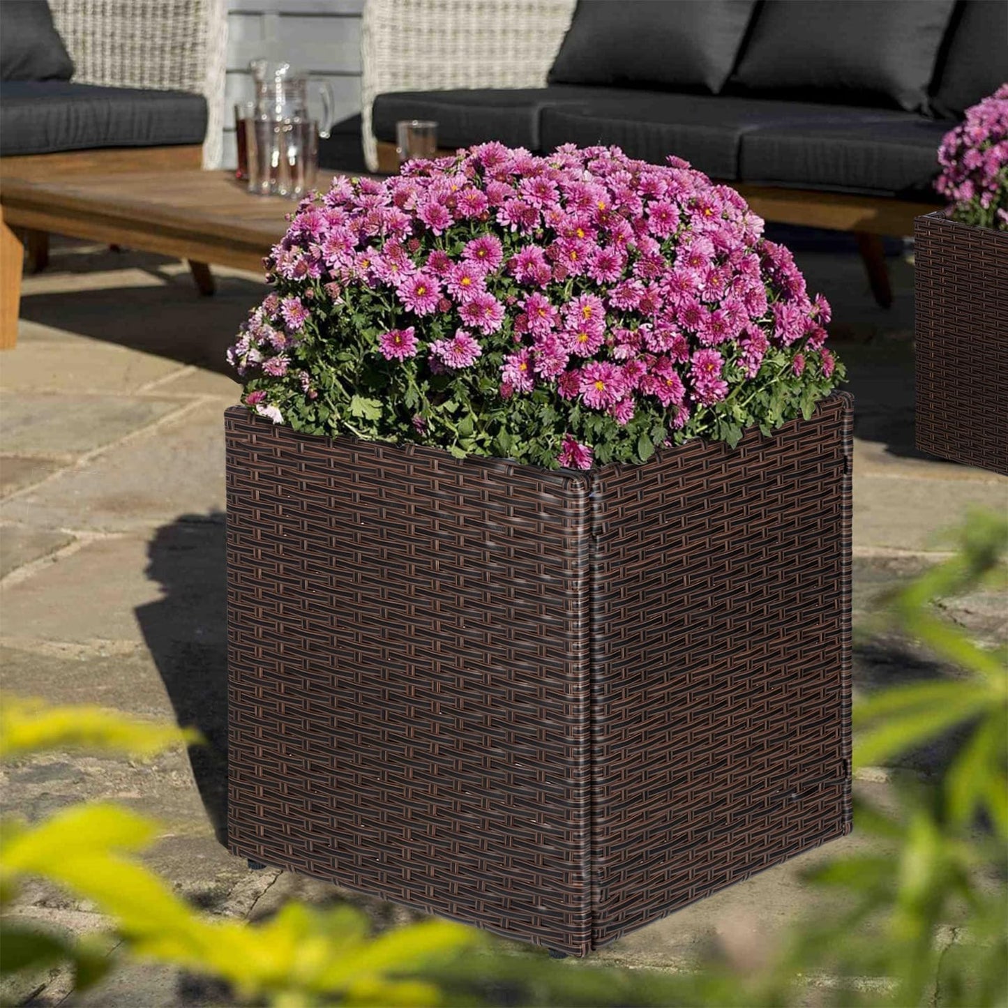 SUNNYPARK Brown Square Planter Box All-Weather PE Rattan Large Modern Planters with Removable Liner Indoor Outdoor Decorative Flower Pot for Patio, Balcony, Garden