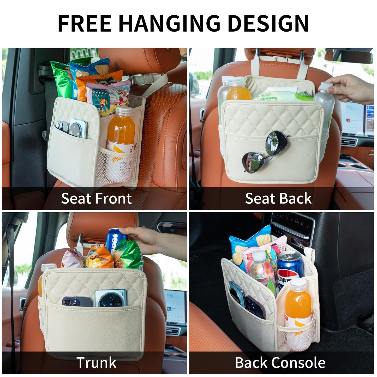 FrgKbTm 2Pack Car Seat Back Hanging Bag Car Document Holder Multi-Pocket Bottle Bag Storage Box Organizer Travel Tidy Pouch Pocket Kids Beige