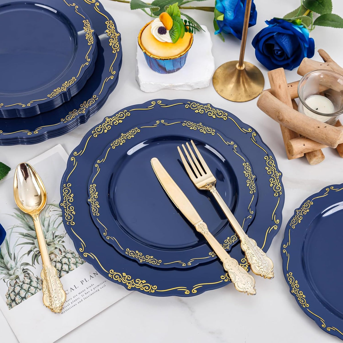 DaYammi 150Pcs Blue Plastic Plates Heavy Duty Navy Blue Disposable Plates with Gold Plastic Silverware include 30 Dinner Plate, 30 Dessert Plate, 90 Gold Silverware Set for Party Wedding