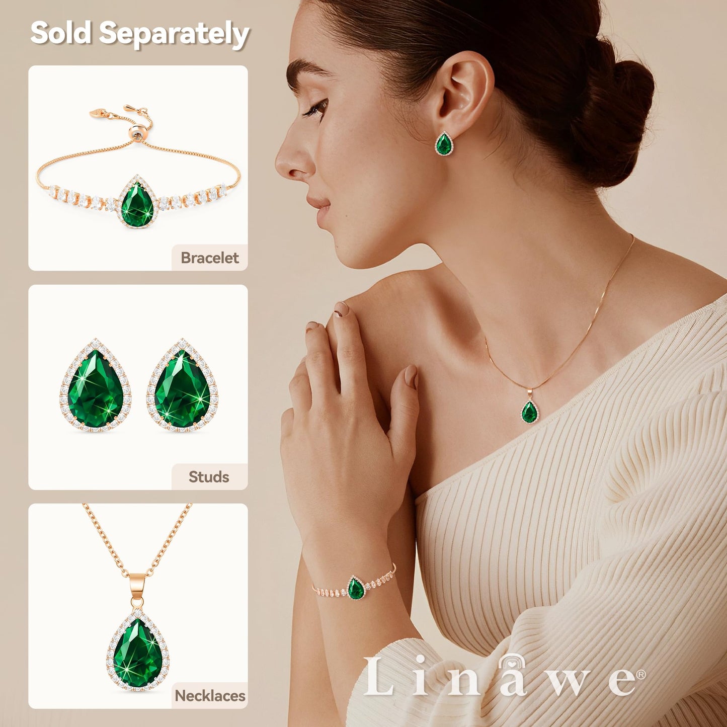 Linawe Emerald Green Imitation Diamond Cubic Zirconia Earrings Studs, Rose Gold Stud Earrings Women, Teardrop Rhinestone Crystal Formal Earring Set, Wedding Bridal Bridesmaid Jewelry