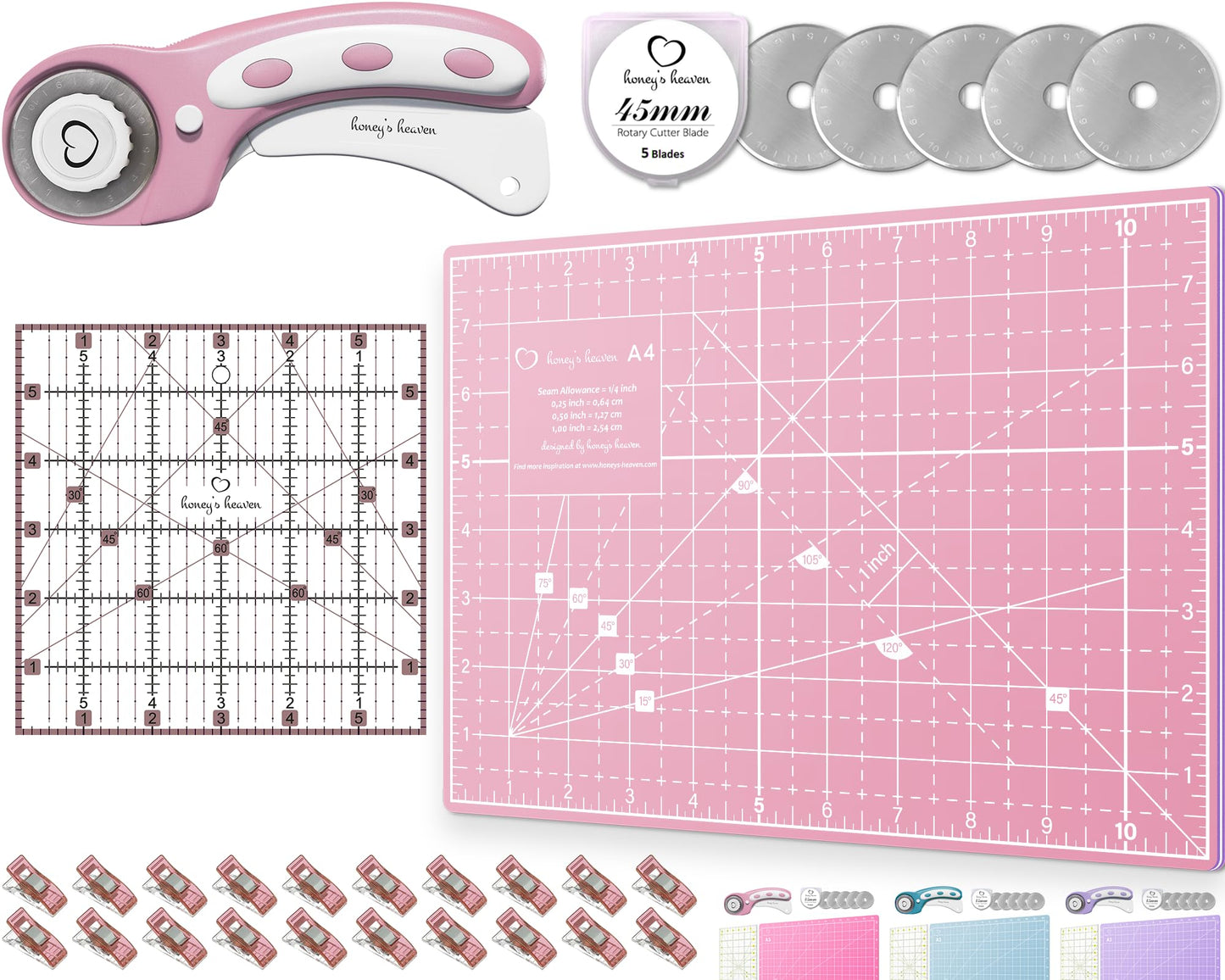 Rotary Cutter Set - Quilting Kit incl. 45mm Fabric Cutter, 5 Replacement Blades, A4 Cutting Mat, Acrylic Ruler and Craft Clips - Ideal for Crafting, Sewing, Patchworking, Crochet & Knitting (Pink, A4)