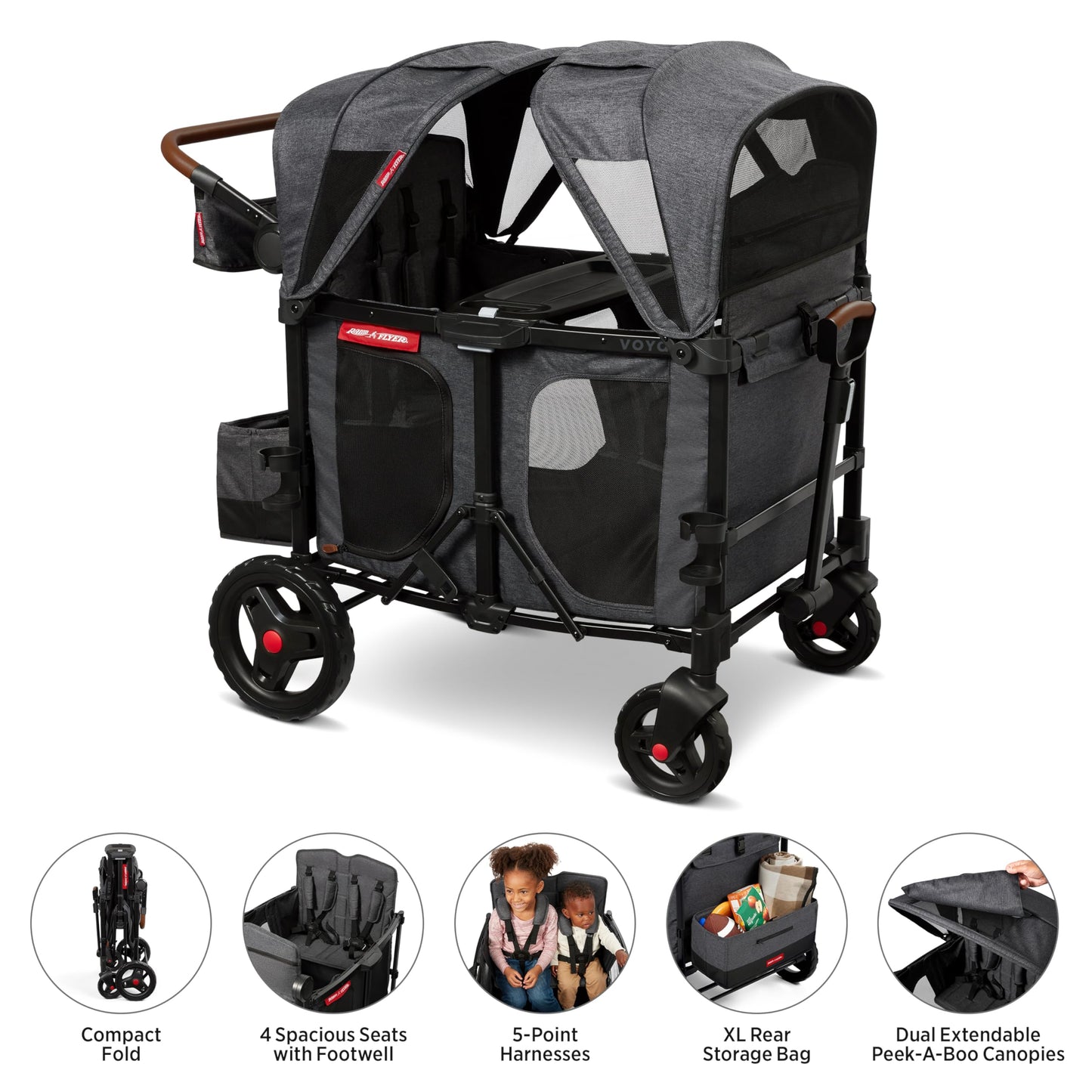Radio Flyer Voya XT Quad Stroller Wagon, for Ages 6+ Months, Extra Tall Sides, Push or Pull, 4 Seats, Dual Sun Canopies, Compact Fold, Storage Space, 5-Point Harnesses, Stroller Wagon for Kids