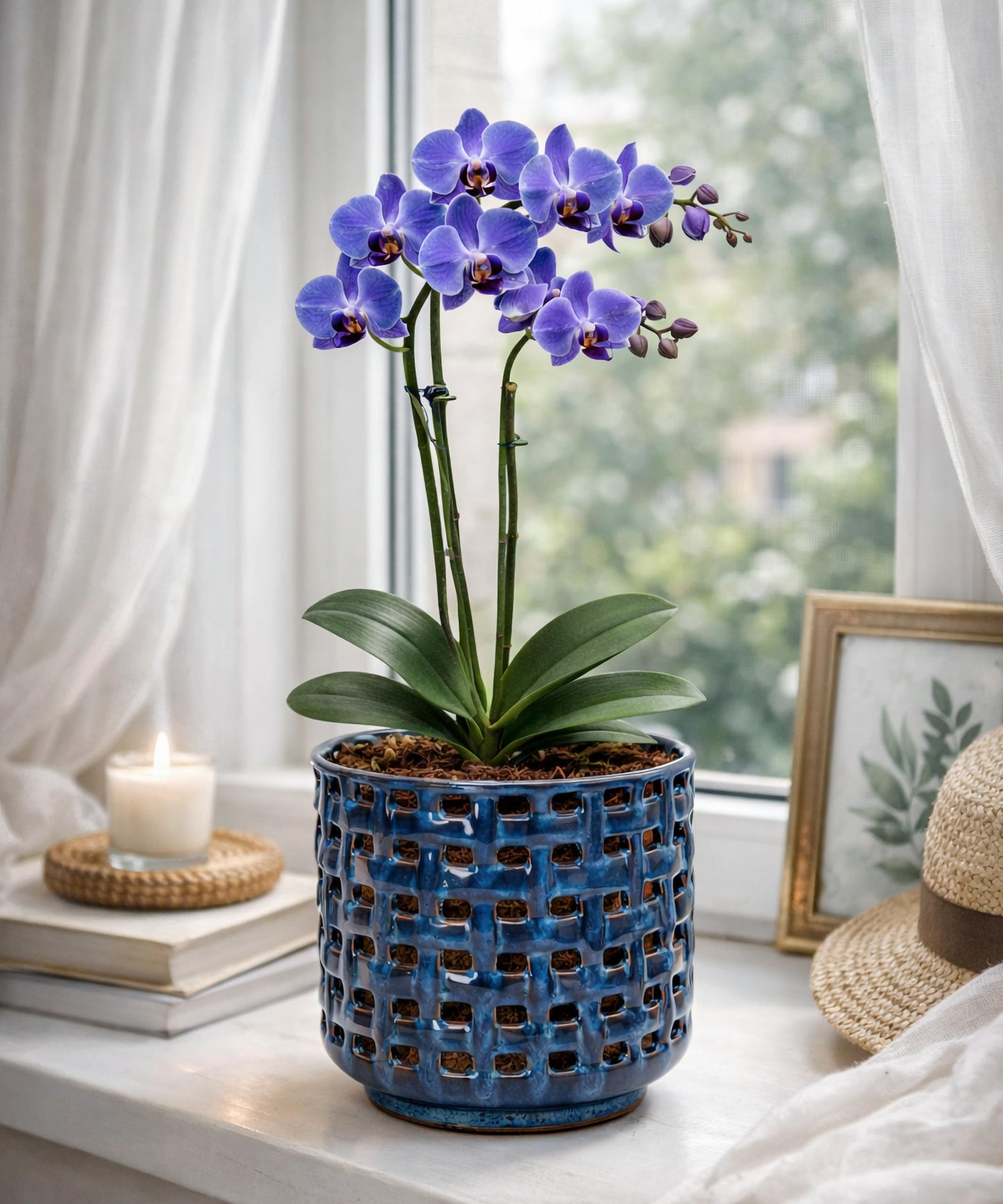 D'vine Dev 6.7 Inch Ceramic Orchid Planter with Lattice Cutout Design, Glazed Cachepot with Clear Nursery Pot & Detachable Saucer for Orchids and Indoor Plants, Midnight Blue, 28-A-Y-2