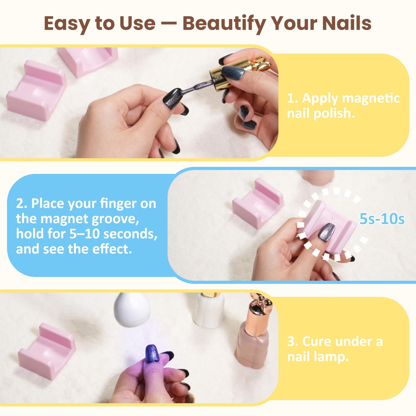 FANTOVO Nail Magnet for Cat Eye Velvet Nails, U-Shaped Magnet for Nails, Magnetic Nail Polish Tool for Cat Eye Velvet Effect, N48 Strong Pull Force, 2 Packs, Pink (NOT 3D-Printed)
