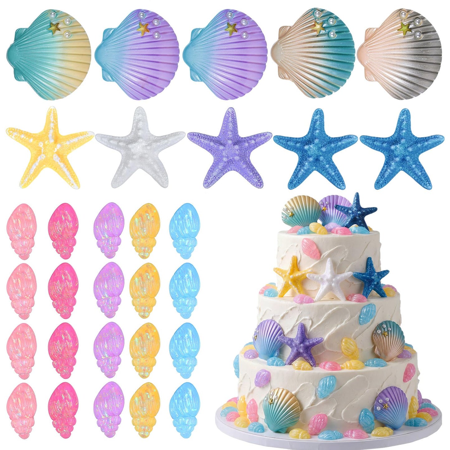 Kathfly 30 Pcs Summer Seashells Cake Topper Decorations Ocean Cake Topper Decorations Sea Creature with Starfish Conch Shells Ocean for Birthday Beach Baby Shower Wedding Party Supplies