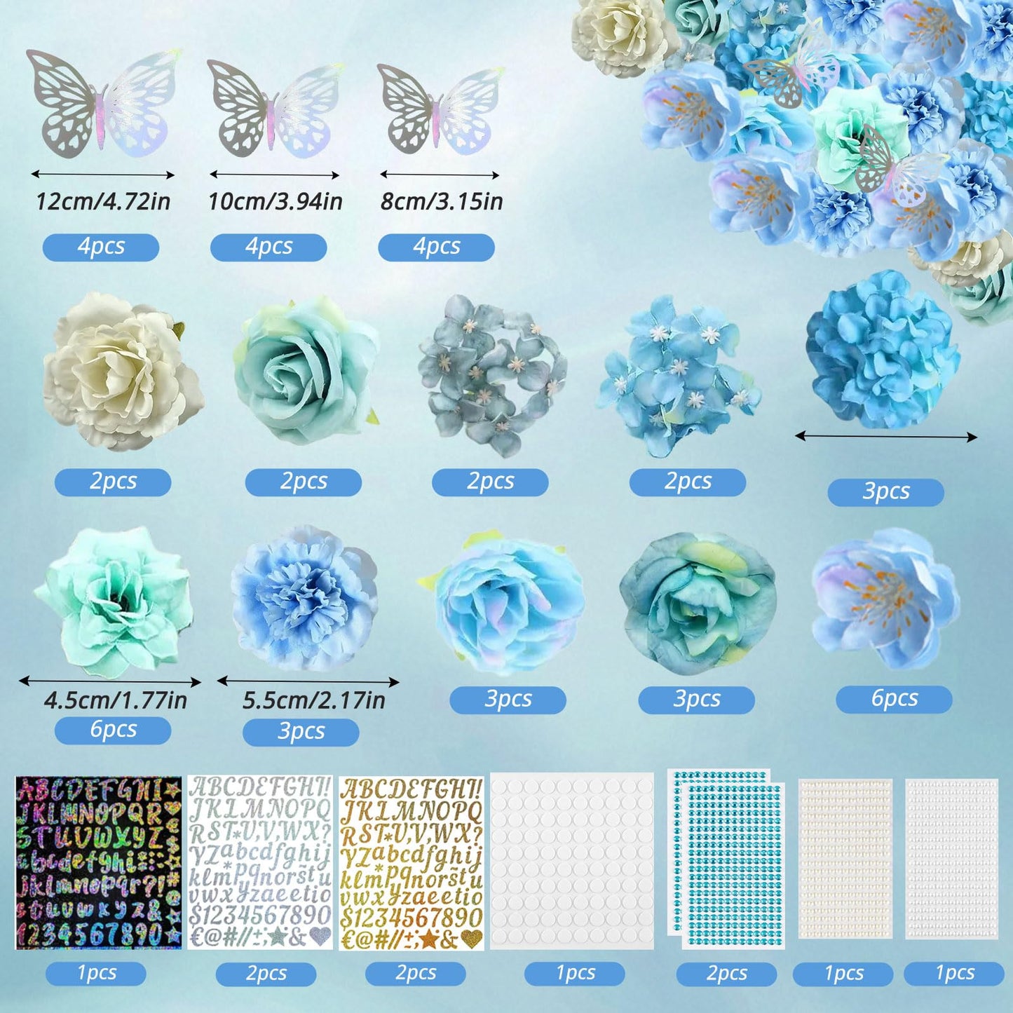 60 PCS Graduation Cap Decorations 2026Graduation Cap Decorations Kit 3DButterfly Stickers Graduation Cap Flowers DIY Graduation Cap Decorations Kit Graduation Party (Blue)