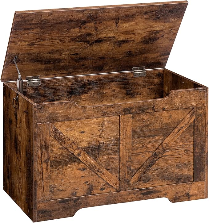 HOOBRO Storage Bench, 29.5” Retro Wooden Storage Chest with U-Shaped Cut-Out Pull, Safety Hinge, Supports 220 lb and Easy Assembly for Toy Box Organizer (Rustic Brown) BF77CW01