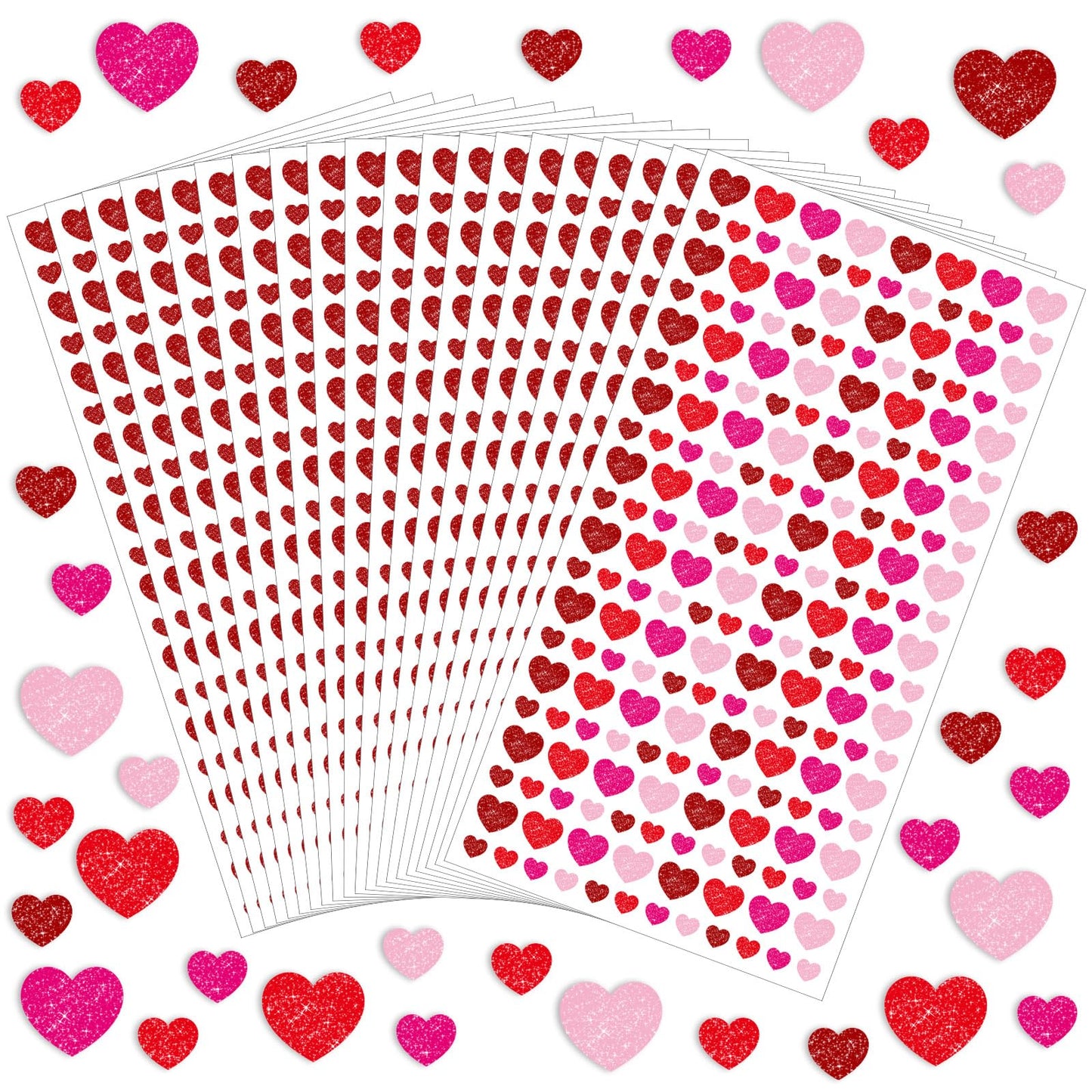 Sayglossy 10 Sheets 2000 Pcs Valentines Small Heart Stickers for Kids, Tiny Mini Heart Stickers, Glitter 2 Size Valentines Decor for Gift Wrapping Scrapbooking DIY Crafts