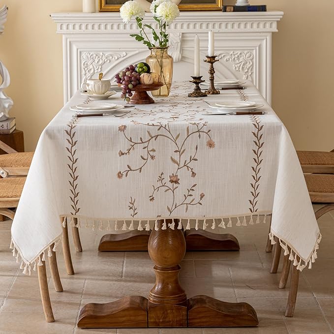 Joyfol Day Linen Waterproof Tablecloth with Tassels, Rustic Farmhouse Flowers Embroidery Table Cloths for Rectangle Tables, Heavy Weight Spill-Proof Table Covers, Coffee Florals, 55''x 102''