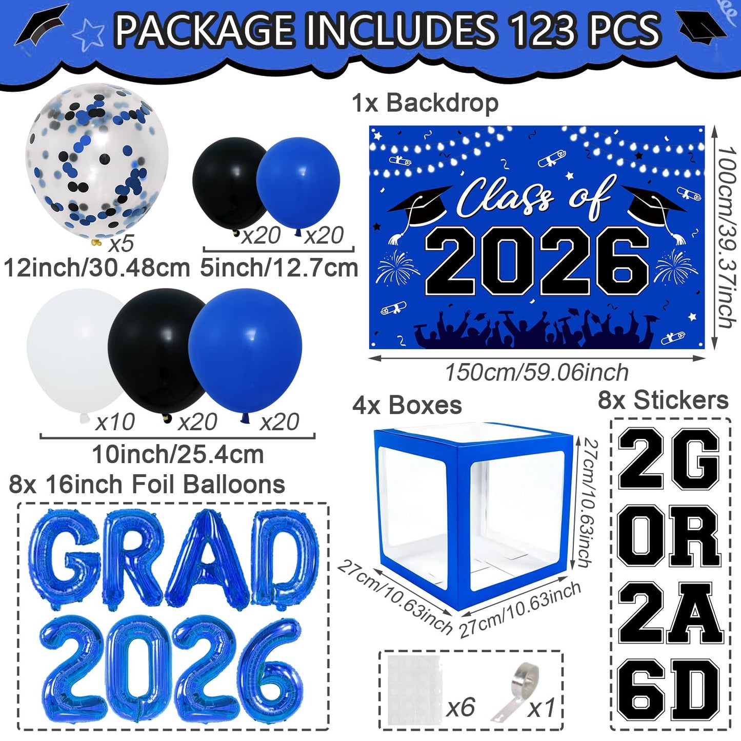 Graduation Decorations 2026, Blue Black Graduation Party Decorations 123pcs Balloon Boxes with Letters, Balloon Arch Kit and Backdrop for 2026 Grad Decor Class of Party Supplies