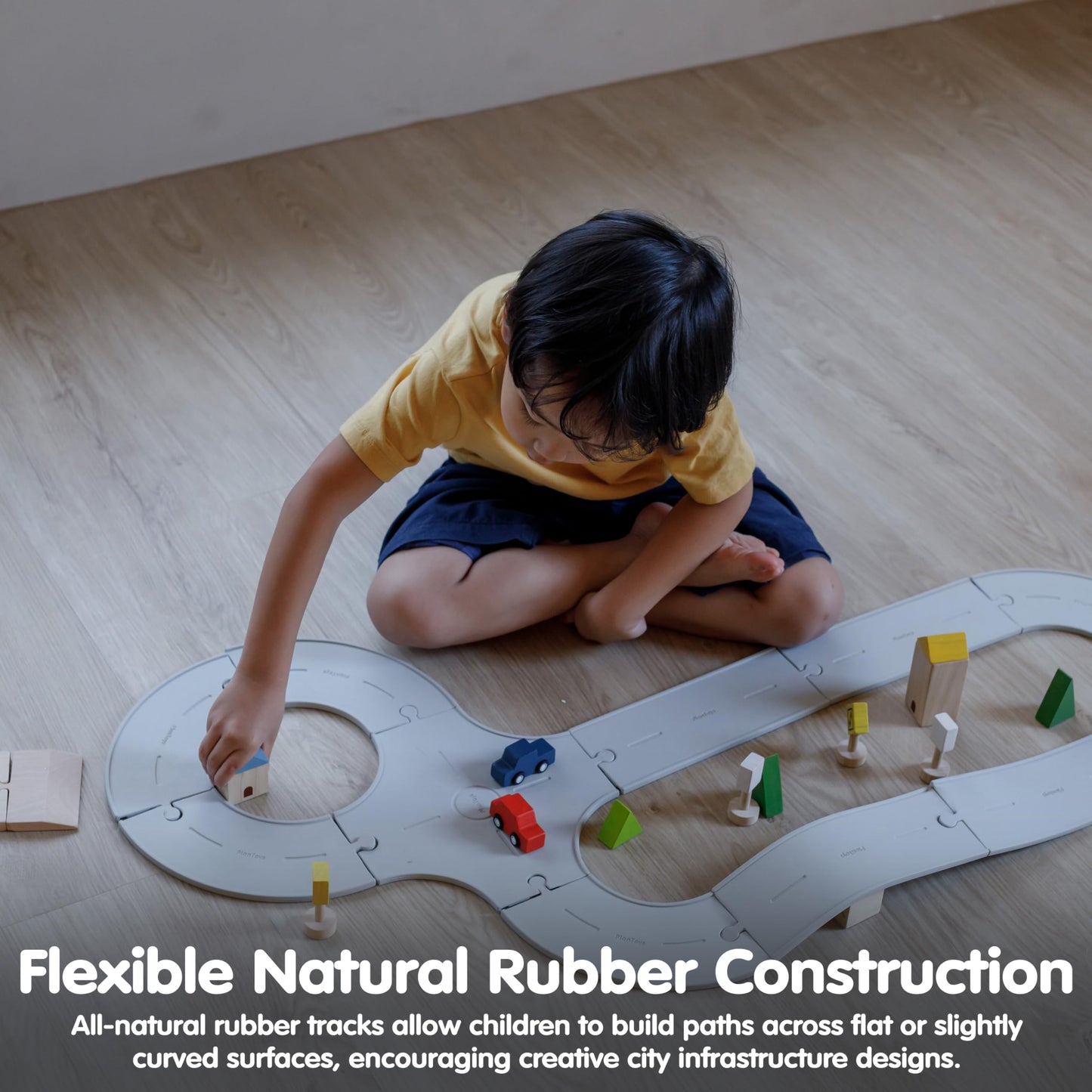 PlanToys® Road & Rail Set Montessori Imaginative and Creative Play Set | Early Language, Problem Solving and Coordination Activity | Eco Friendly Road and Rail Building Set