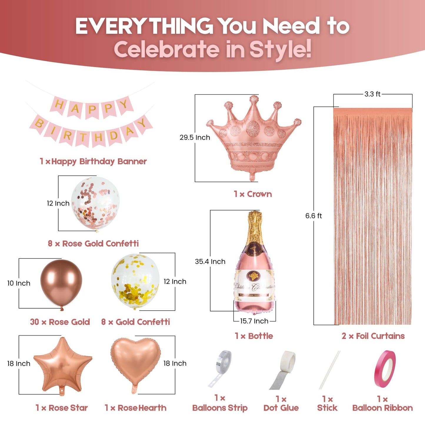 BURGANN Rose Gold Birthday Party Decorations Set, White Silver Gold Balloon Garland Kit with Banner, Crown, Champagne Bottle, Foil Backdrop