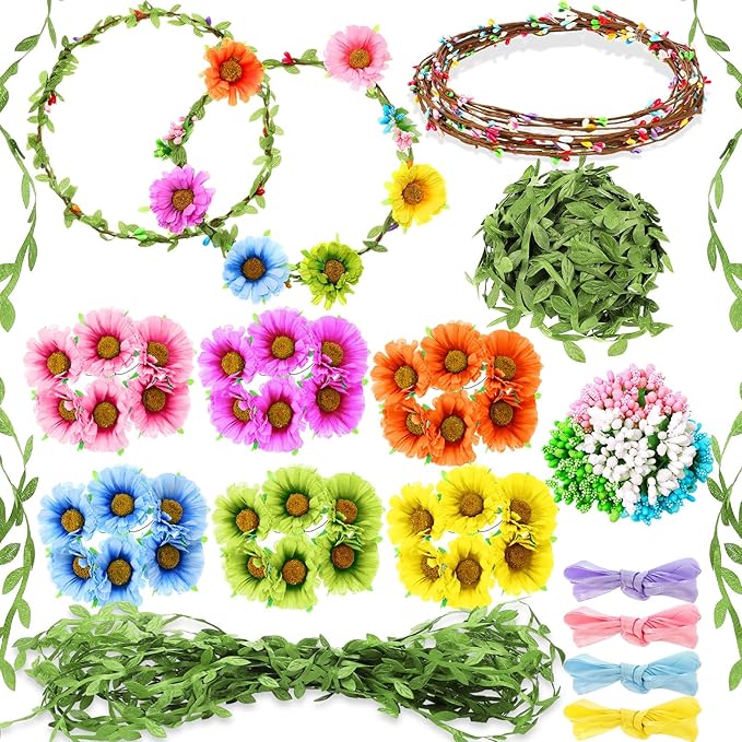 Syhood Daisy Crowns Making Kit for Woman 109 Pieces Parts, Make Your Own Flower Crown Wreath Headbands and Bracelets Craft Kit Hair Accessories Handmade DIY Floral Garland Presents for Adult