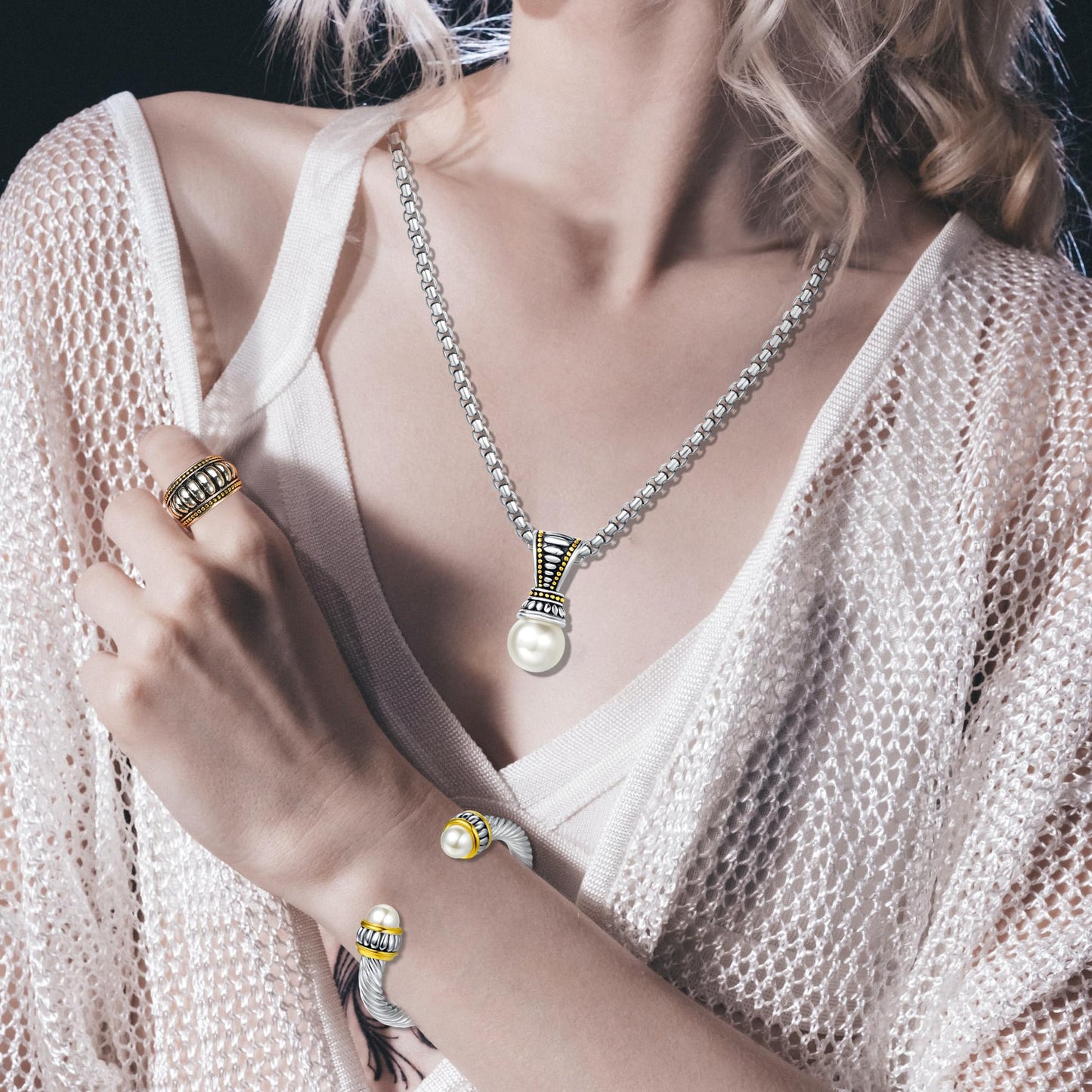 UNY JEWEL Jewelry Make a Statement Two Tone Twisted Cable Wire Caviar Imitation Pearl Cuff Bangle Makes a Stylish Christmas Gift (Two Tone Cream)