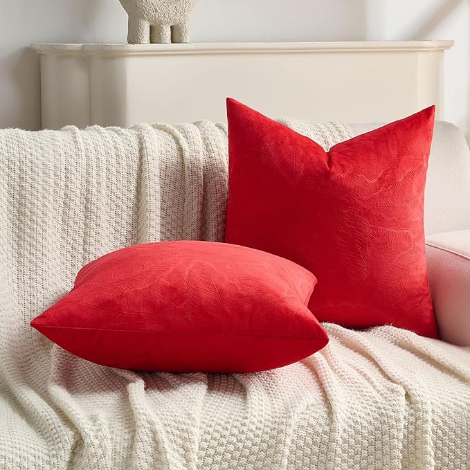 FUTEI Christmas Red Velvet Throw Pillow Covers 18x18 Inch Set of 2,Soft Embossed Leaf-Relief Textured Cushion Cases,Natural Home Decor for Couch Living Room