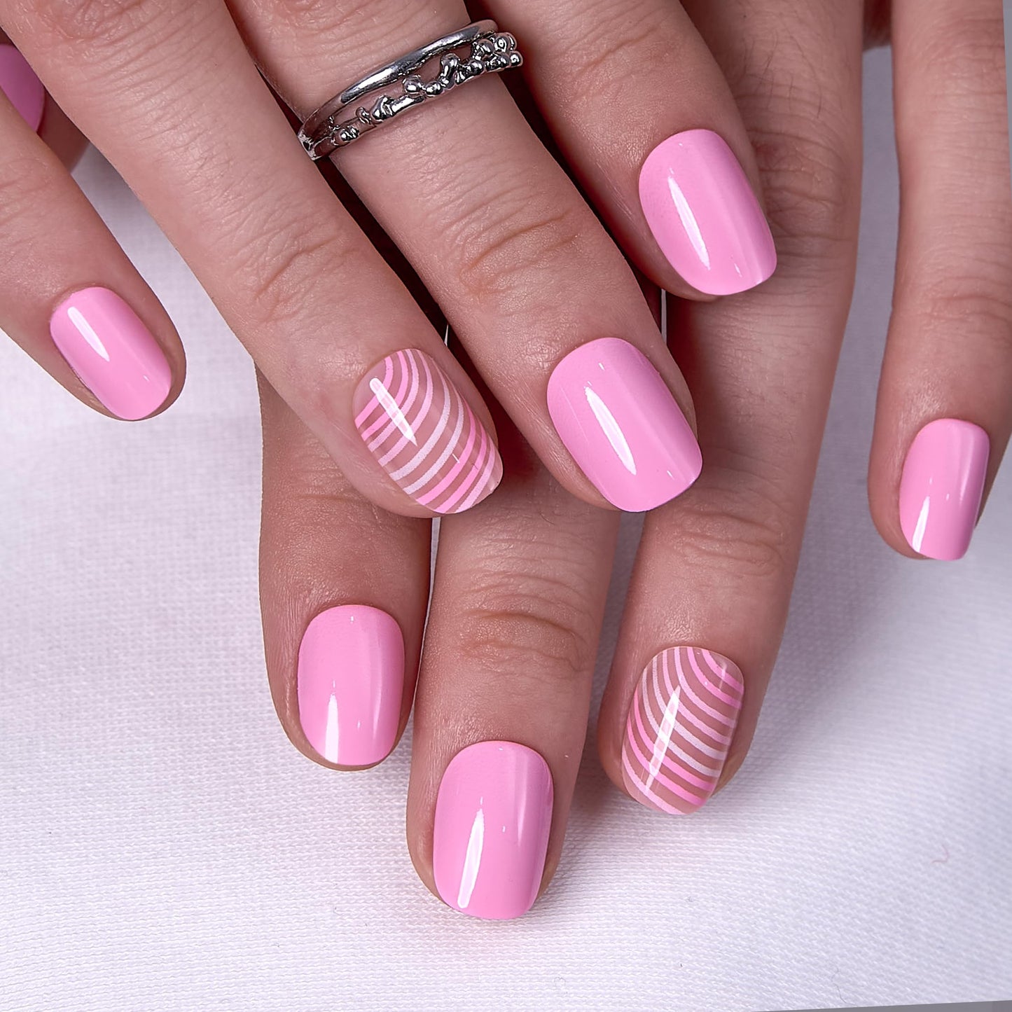 CurvLife Soft Gel Press On Nails Extra Short - 30pcs Full Cover False Pink Ripple Nail Tips Designs, Fake Nail with Nail Glue - Easy Application Nail Accessories for Women
