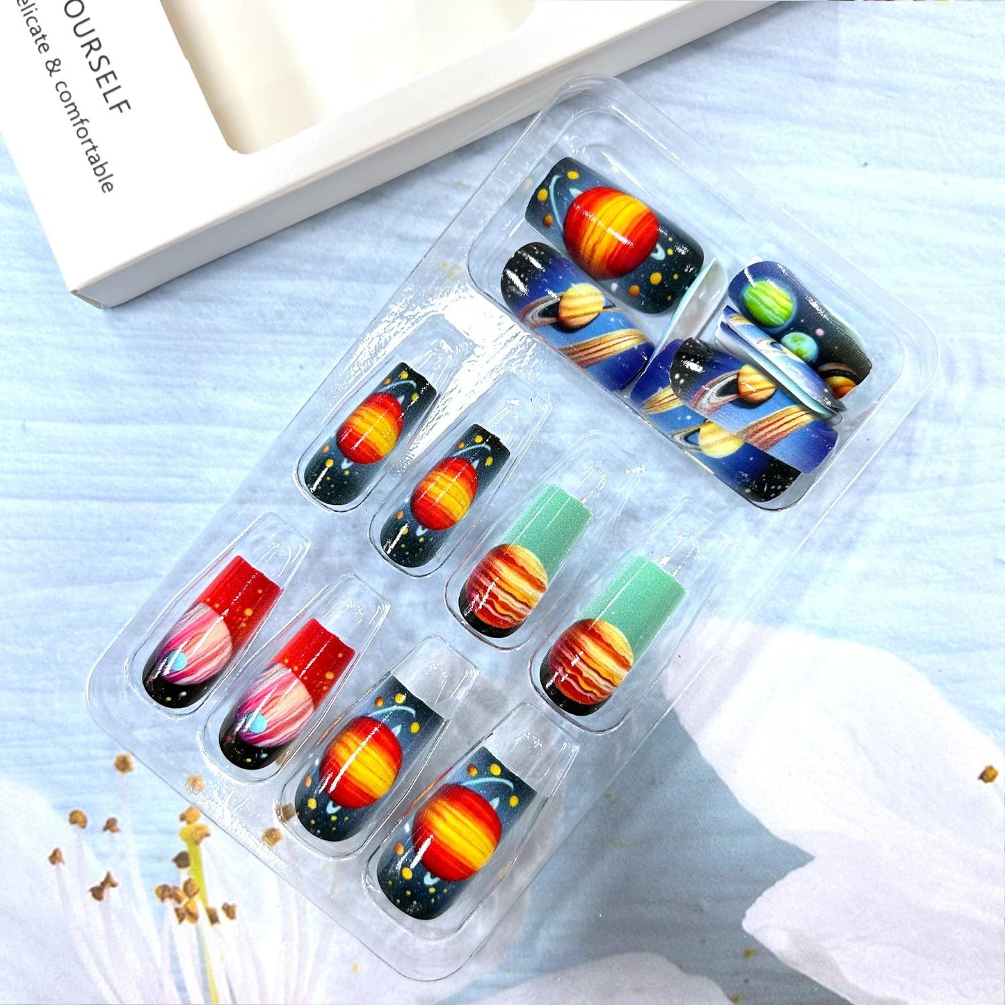CJDLTS Planet Press on Nails Medium Ballet Shaped Colorful Planet Pattern Design Full Cove Glossy Acrylic Fake Nail Artificial Press Ons Stick on Nails DIY Reusable Glue on Nails for Women 24Pcs