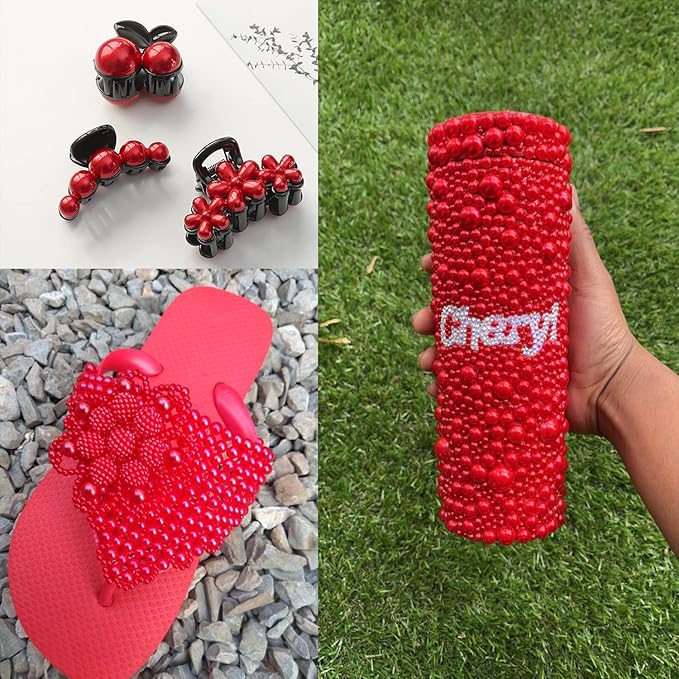 4000PCS Flatback Rhinestones and Half Round Pearls Kit #28, Multi Size Glass Clear Crystals, Plastic Flat Back Red Dome Bead with Pickup Pencil and Tweezer for Nail Art