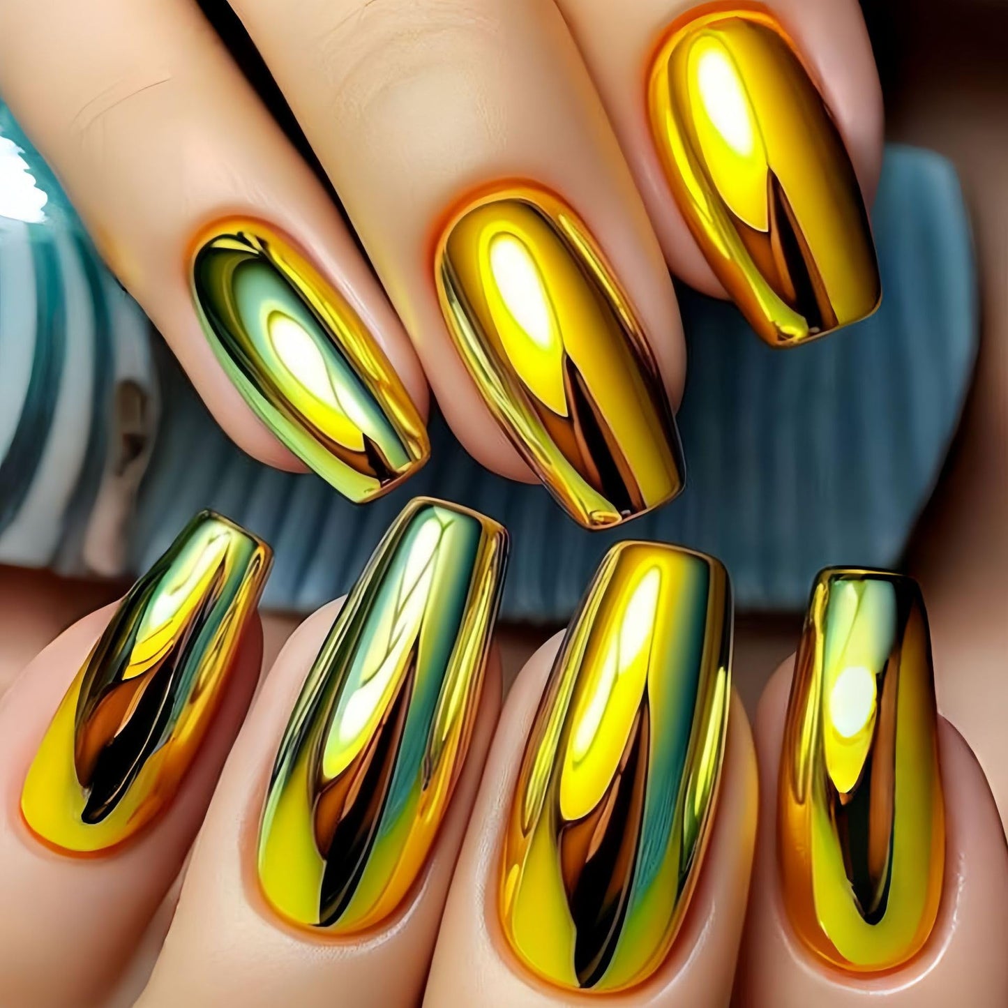 Gold Chrome Press on Nails Long Coffin Fake Nails Metallic Mirrored Glue on Nails Golden Metal Punk False Nails Glossy Shiny Reusable Full Cover Acrylic Stick on Nail for Women 24Pcs