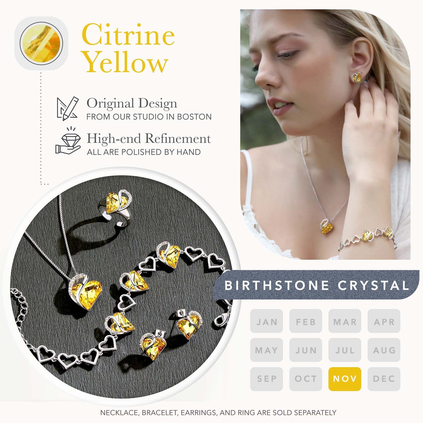 Leafael Infinity Love Heart Gift Bracelet for Women, November Birthstone Crystal, Citrine Yellow, Silver Tone, 7-inch Chain and 2-inch Extender
