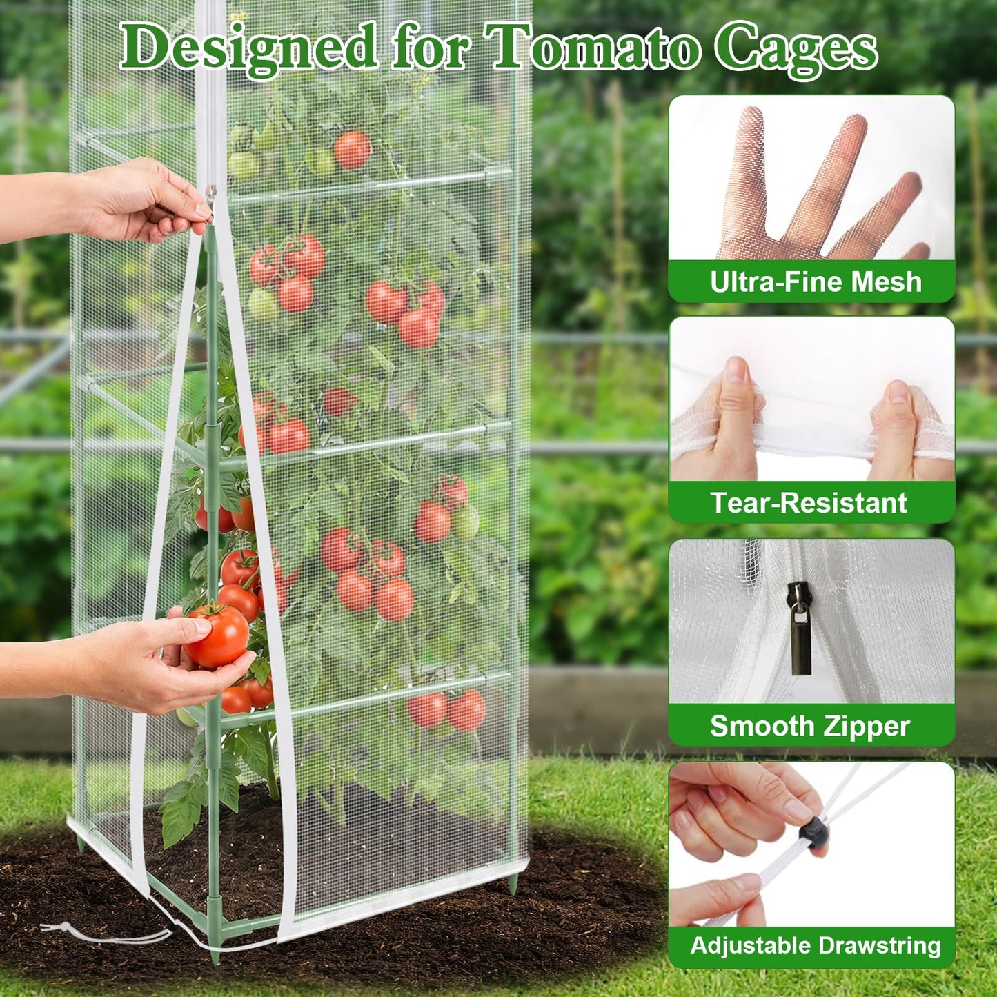 6 Pcs Tomato Netting for Garden Protection, 57" X 17.7" X 17.7" Square Tomato Cage Insect Barrier Plant Netting Mesh Cover with Zipper & Drawstring, for Vertical Climbing Plants Vegetables Fruits
