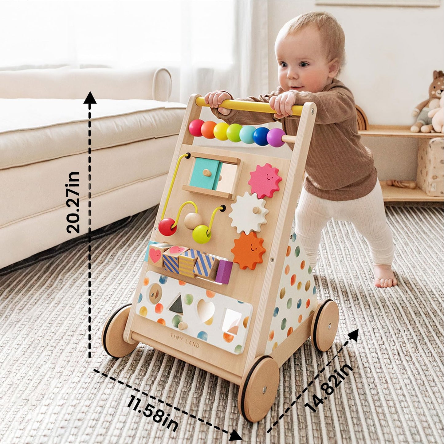 Tiny Land Wooden Baby Walker with Adjustable Speed, Montessori Activity Push Walker Toy for Toddlers, Colorful Learning Walker for Boys & Girls (Rainbow)