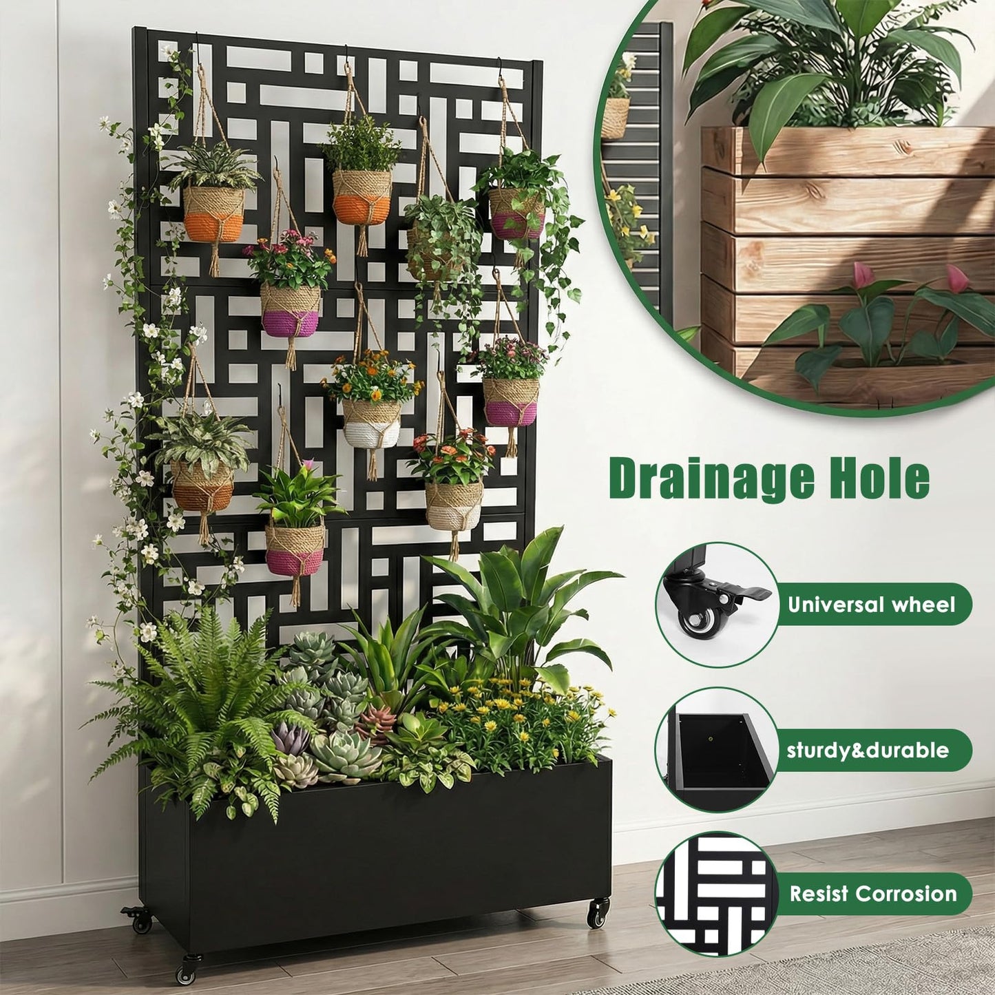 70.87x35.43x15.75 Inch Metal Planter Box with Trellis and Wheels Raised Garden Bed with Drainage Holes Privacy Planters Suitable for Climbing Plants and Vegetables (02)