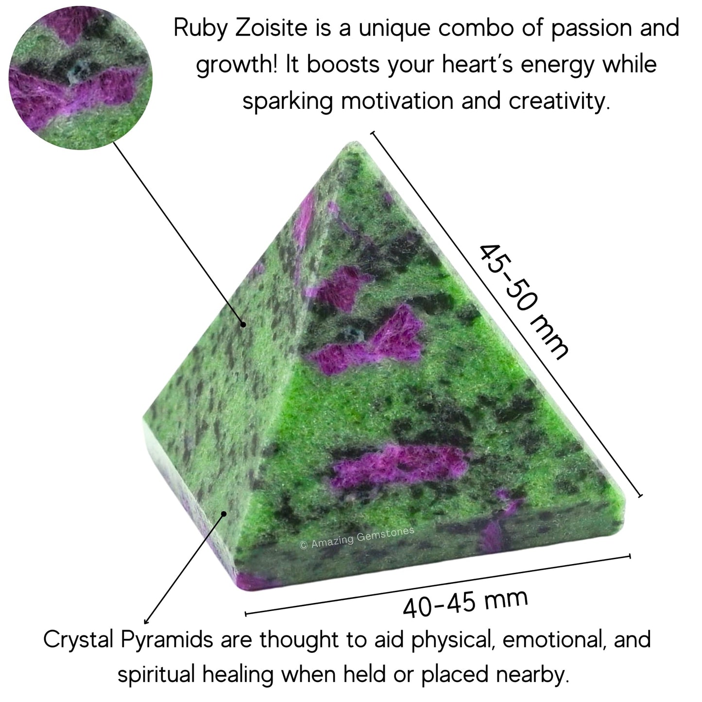 Amazing Gemstone Ruby Zoisite Pyramid Crystal Healing Stones - 2" Great Pyramid Figurine of Natural Stone Pyramid for Meditation, Reiki, Chakra Balancing and Crystal Pyramids Grid