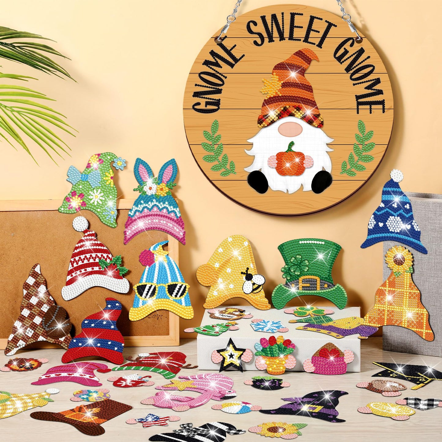 CroBlissful 41 Pcs Interchangeable Iron Gnome Decor DIY Diamond Painting Craft Kit with Magnetic Hats Hands for Seasonal Holiday Decor