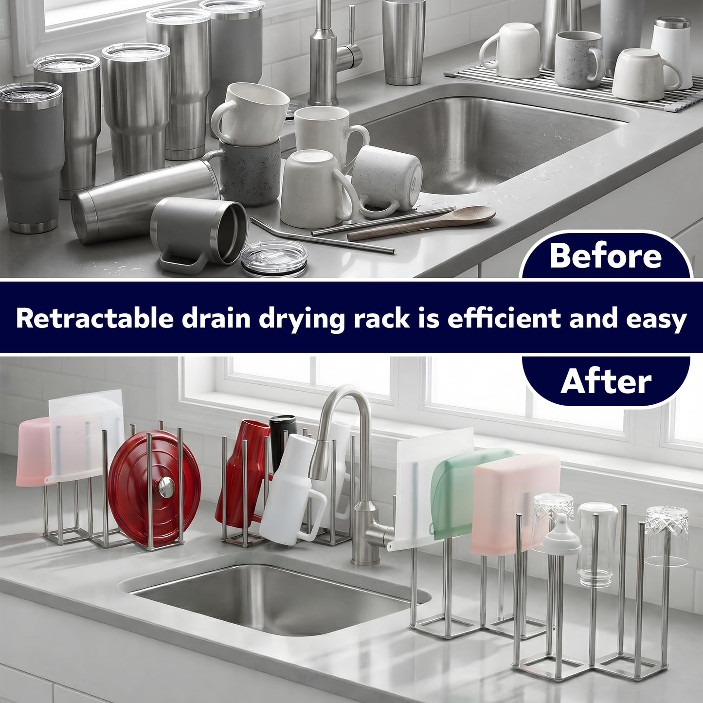 ANSOTHIN Water Bottle Drying Rack, Cup Drying Rack for Counter, Stainless Steel Tumbler Dryer Stand, Space-Saving Mug & Glass Drying Rack, Heavy-Duty Holder for Cups & Water Bottles (Silver – 7 Pegs)