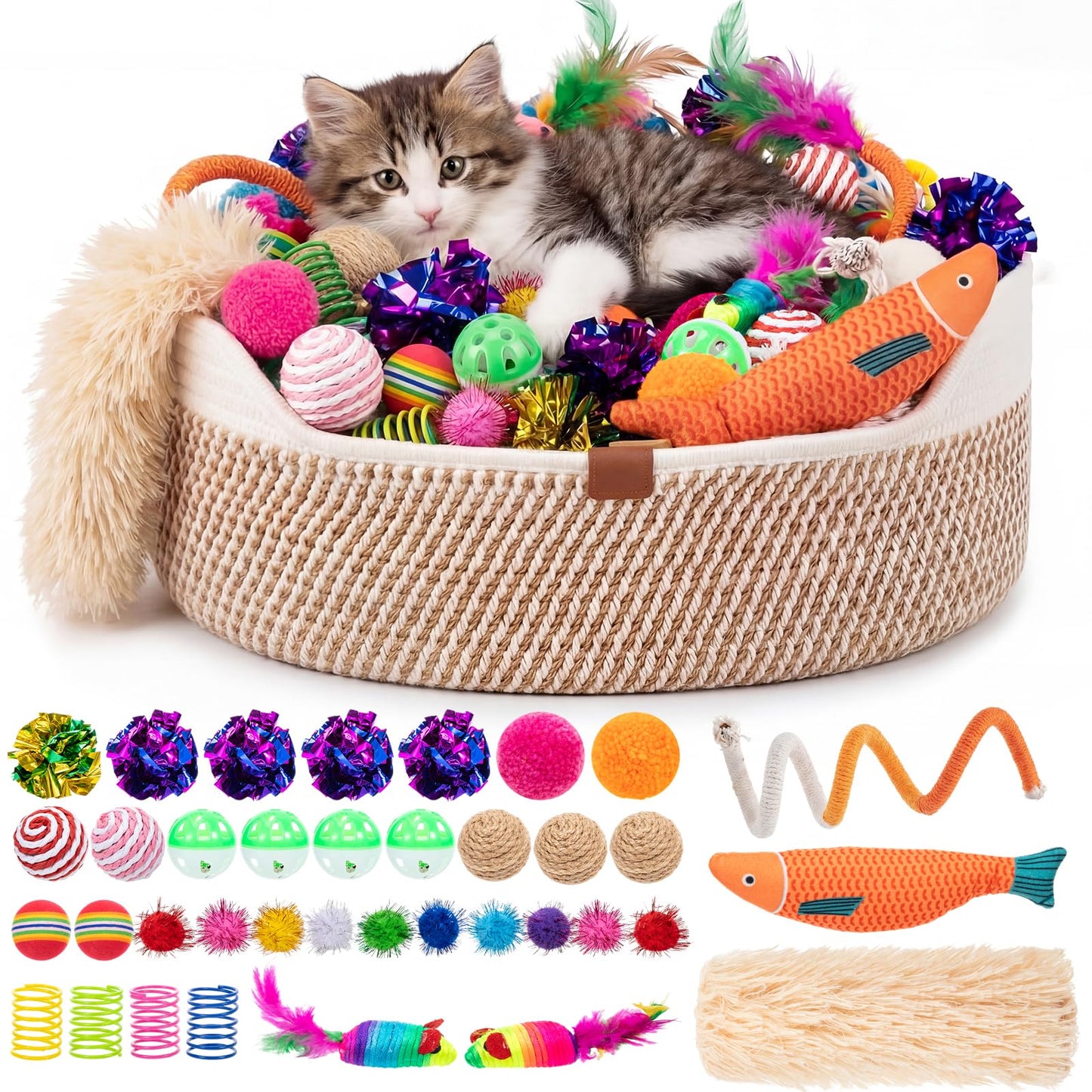 Leitee Mother's Day Cat Bed Storage Basket with 40 Pcs Cat Variety Toys Pack Set Includes Pillows, Spring Toy, Fish, Chew Rope and Balls for Kitten Kitty Swat Hunt Interactive Pet(White,Yellow)