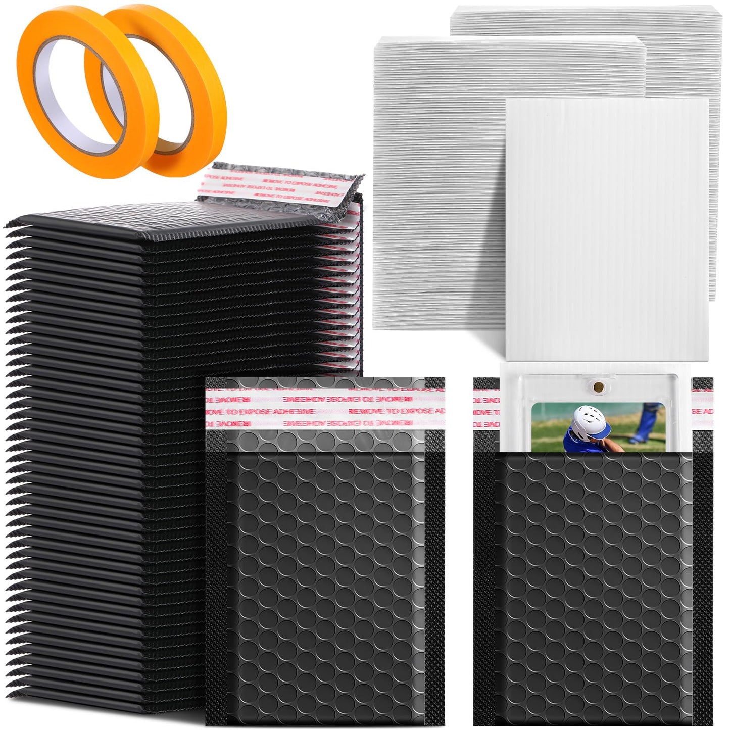 Engrowtic 302 Pcs Trading Card Shipping Protector Set Include 200 Precut Plastic Inserts Card Mailers 100 Poly Bubble Mailers Padded Envelopes and 2 Masking Tape(Black,5.1 x 5.9 Inch)