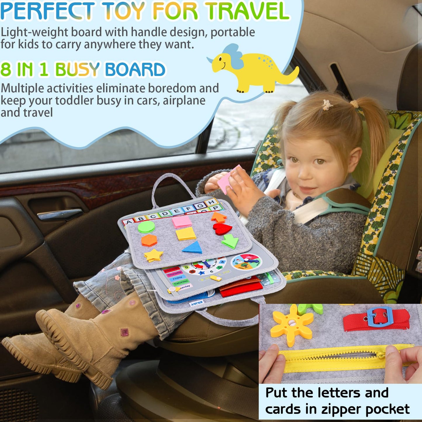 Esjay Montessori Sensory Garden Plush Set and Busy Board, Developmental Learning Toys with Rattle Squeaker Mirror Texture Tissue, Grey Dinosaur