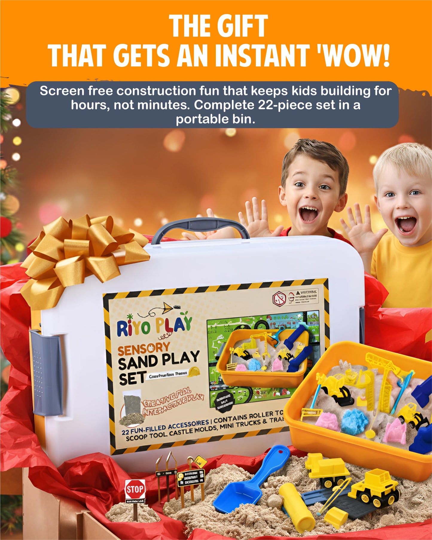 Riyo Play Construction Sensory Bin for Toddlers with 2-in-1 Play Mat & 2.8lbs Moldable Sand, Kids Sensory Bin with Lid & Handle, Toddler Sensory Kit Boys & Girls, Learning Activity, Gift Ages 3+