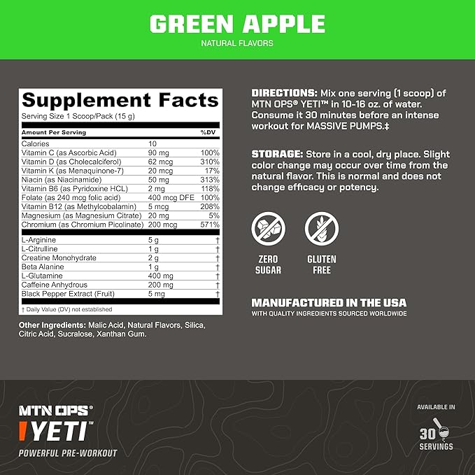 MTN OPS Yeti Pre-Workout Powder Energy Drink with Creatine, 200mg Caffeine & BCAAs with Beta Alanine, 30-Serving Tub, Green Apple