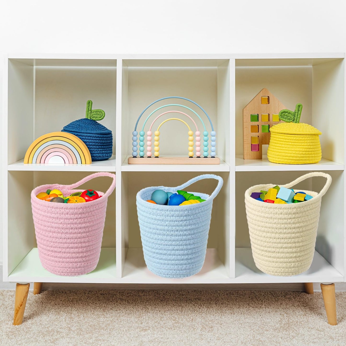 uxcell Blue Small Cotton Rope Woven Storage Basket, Shelf Closet Storage Gift Woven Baskets Cute Nursery Box Bin Decor Organization Bin for Home Supply, Round with Handle, 5.6x5.6