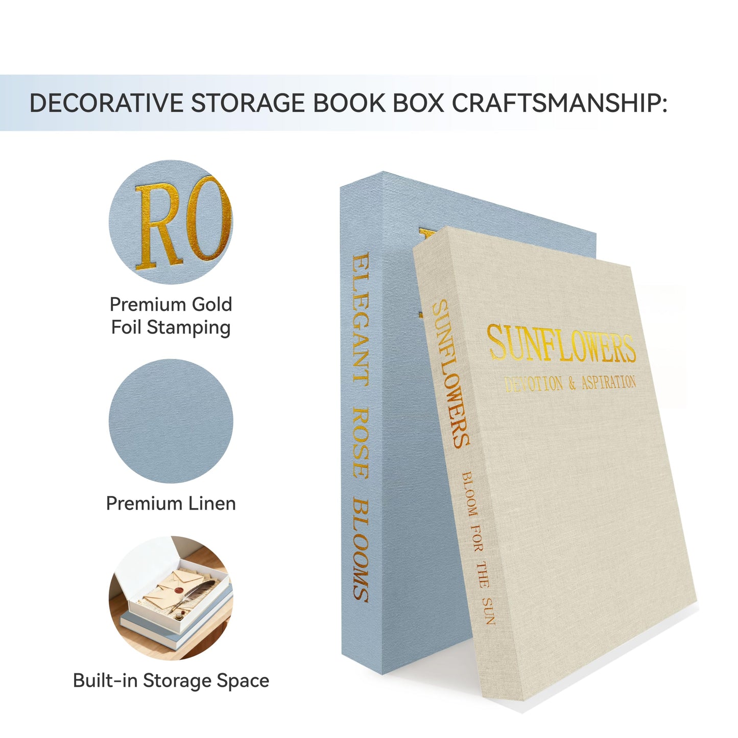 Sprsthai Premium Linen Decorative Book Box Set of 2 - Letter Gold Foil Embossed with Hidden Storage | Coffee Table, Bookshelf & Mantel Decor & Keepsake Organizer to Elevate Home Aesthetic,Blue