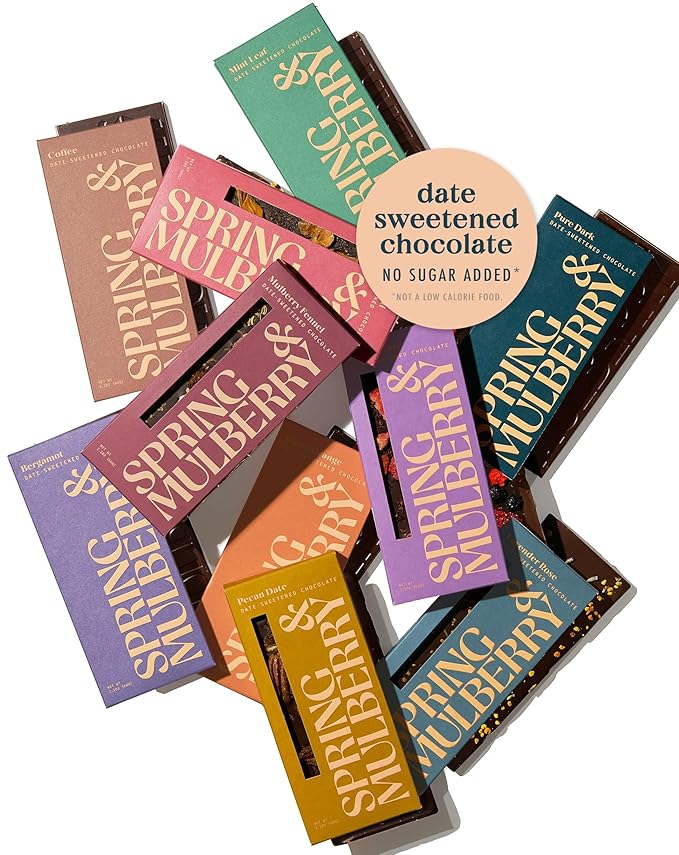 Spring & Mulberry Date-Sweetened Chocolate – 10-Bar Pack, Flavors with Hand-Topped Fruits, Nuts, Spices & Infused with Essential Oils for the Perfect Treat